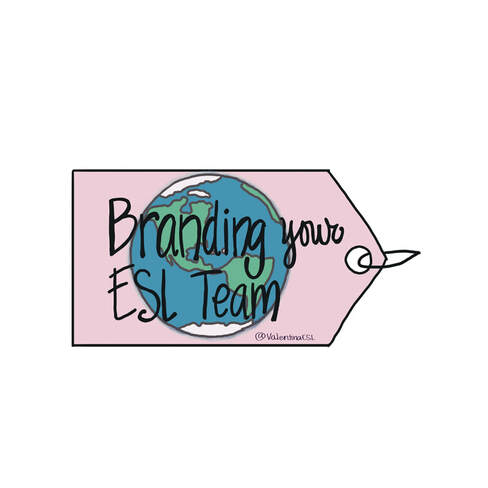 Name Tag with a globe and the words Branding Your ESL Team
